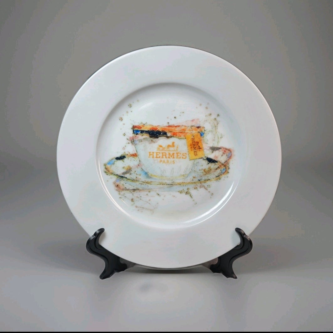 Custom Hermès Inspired Hand-Painted Plate with display stand