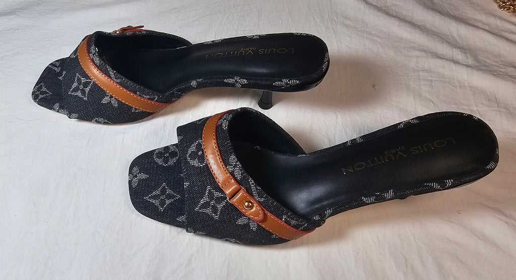 L Logo Black Denim Kitten Heels Slides