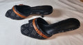 L Logo Black Denim Kitten Heels Slides