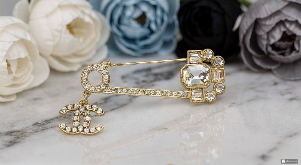 Gold Charm Safety Pin Brooch