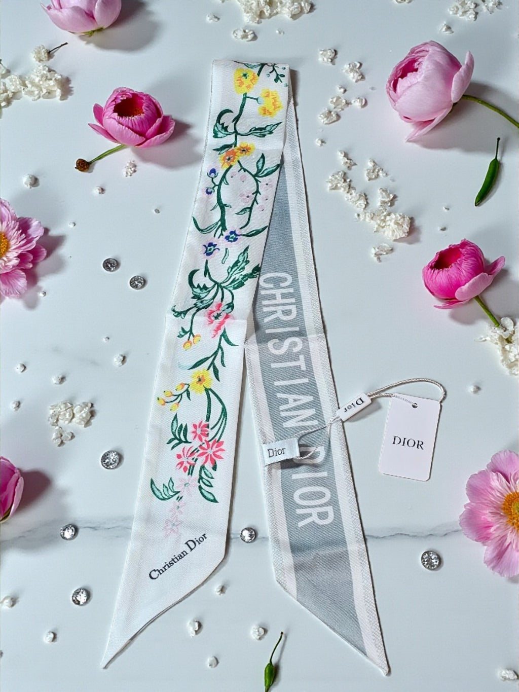 CD Logo Summer 2026 White Floral Bag and Hair Scarf NWT