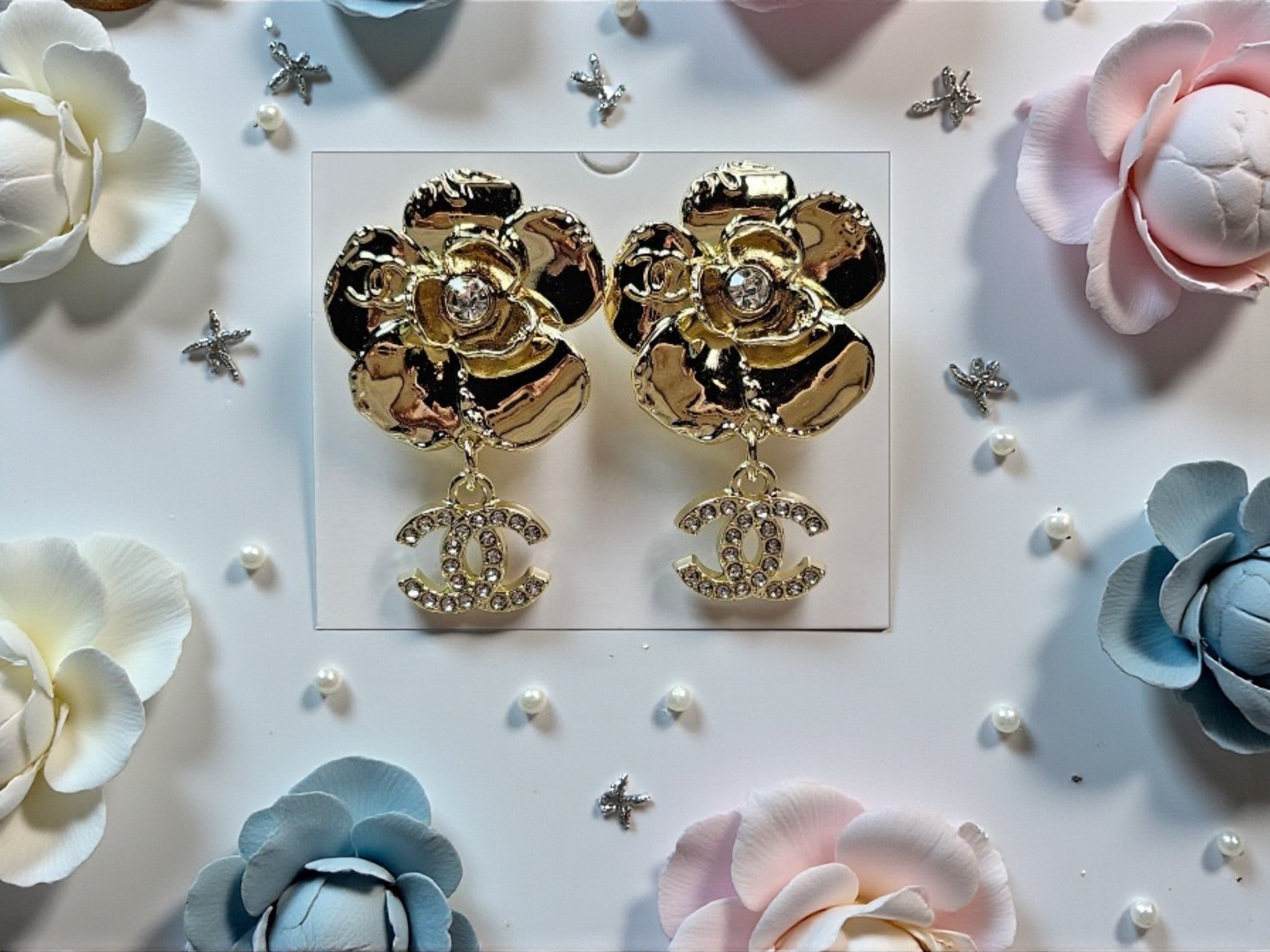 Gold plated Statement CC Logo Dangle Pierced Earrings