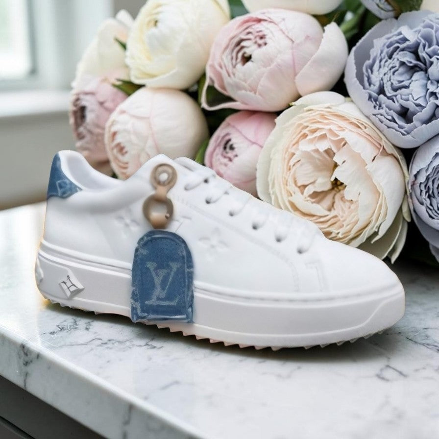White and Denim L logo Women's sneakers with shoe charm US Size 9 EU Size 40