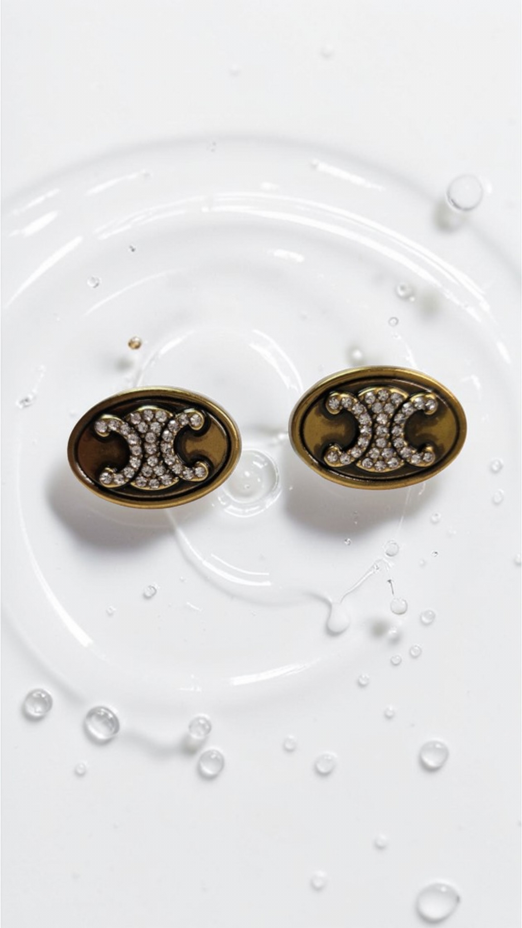 Celine logo Charm Stud Pierced Earrings Antique Gold