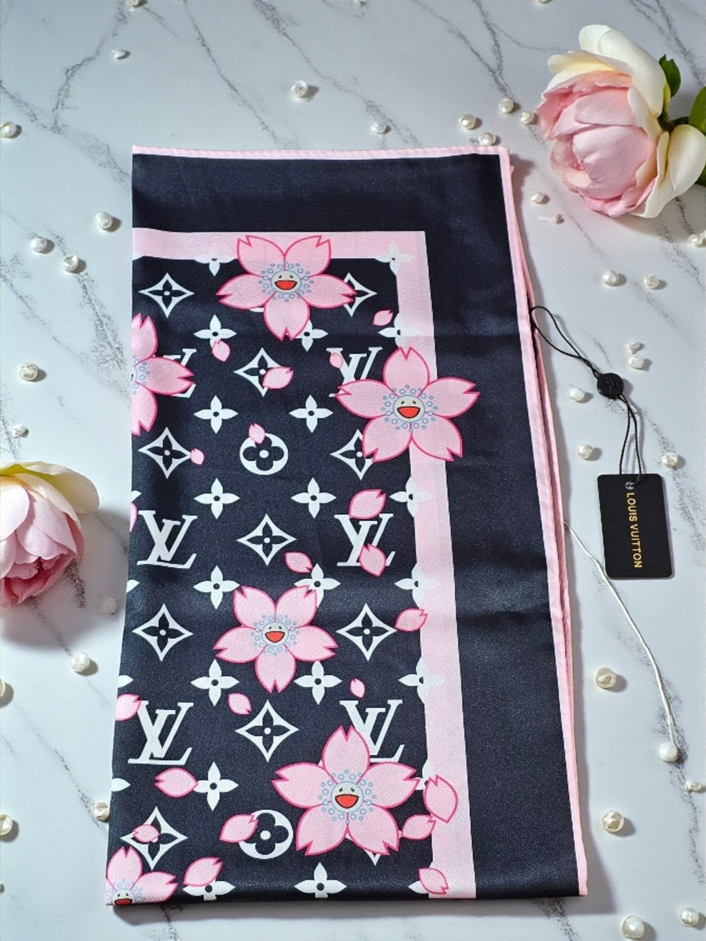 100% Silk LV Logo Black and Punk Cherry Blossom Large Scarf