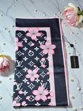 100% Silk LV Logo Black and Punk Cherry Blossom Large Scarf