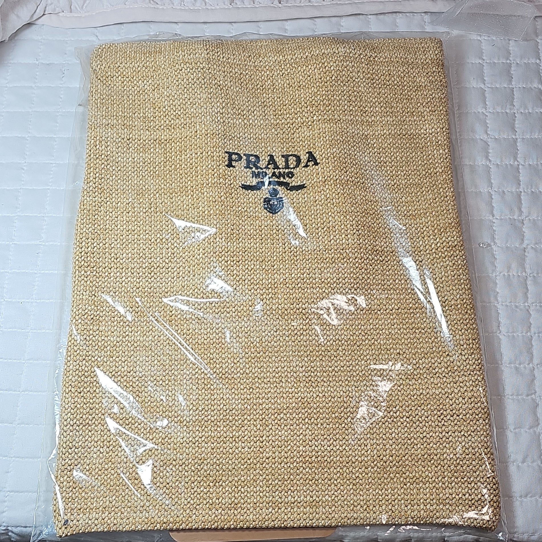 Prada Beauty Beige Double Woven Raffia Tote Bag NIB