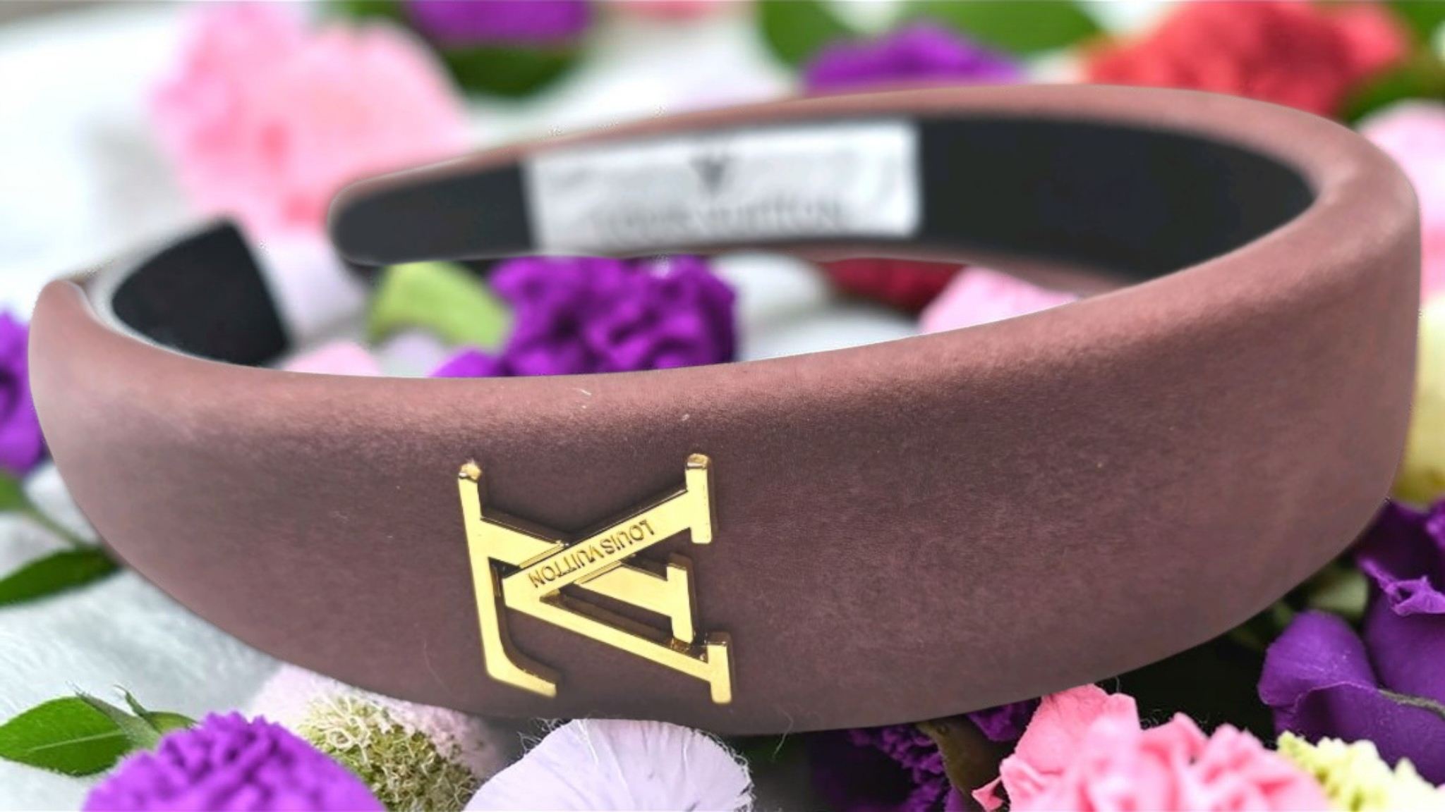 Pink Velour Louis Vuitton logo Charm Headband