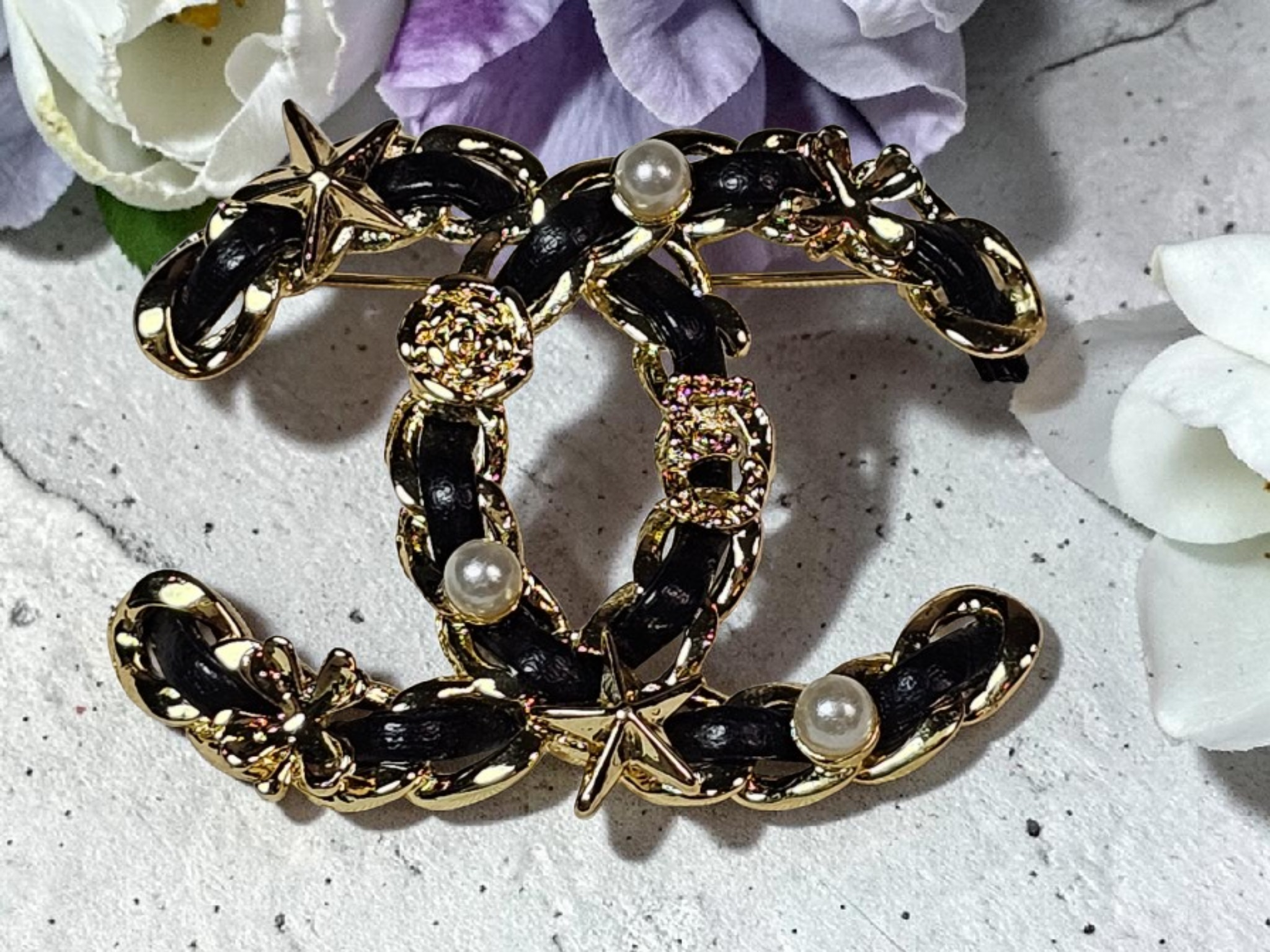 Black and Gold Braided Charm Logo Pin Brooch