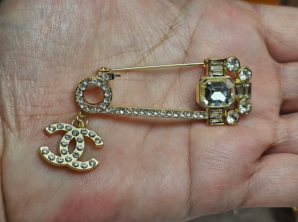 Gold Charm Safety Pin Brooch