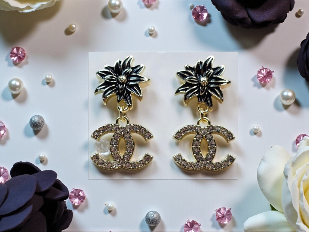 18K gold plated Floral CC logo Dangle Pierced Stud Earrings