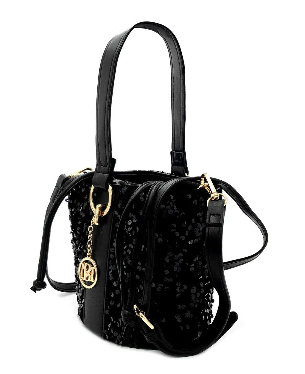 Badgley Mischka Black Sequin Vegan Leather Bucket Bag NWT