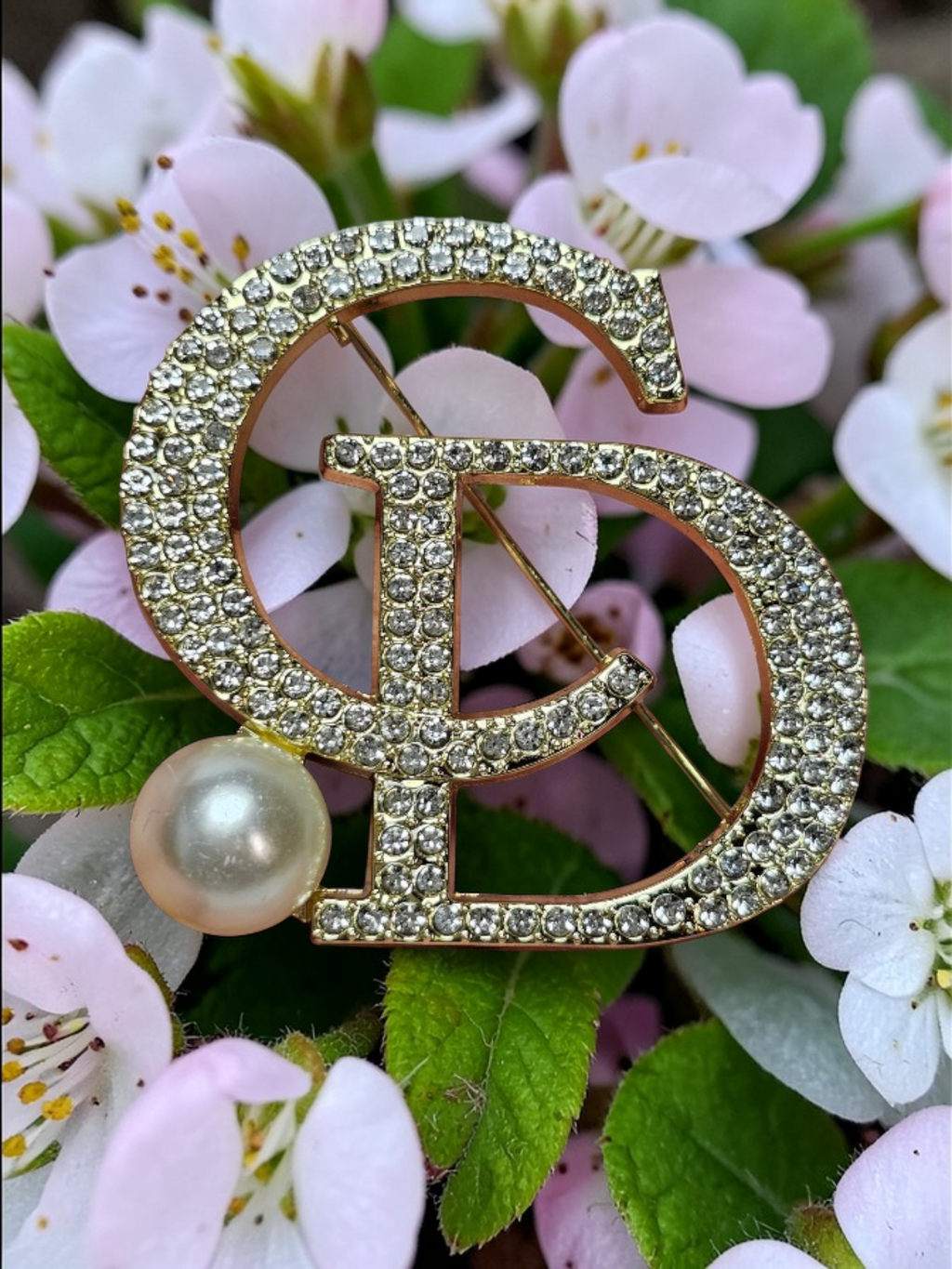 Christian Dior Logo Charm Pearl Pin Brooch