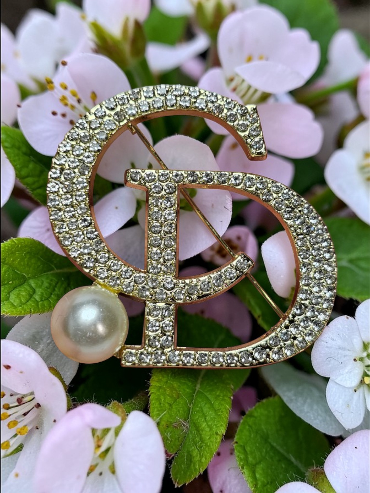 Christian Dior Logo Charm Pearl Pin Brooch