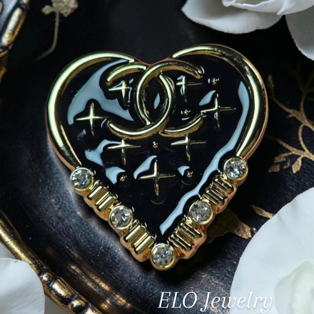 Black and Gold Charm Heart Pin Brooch