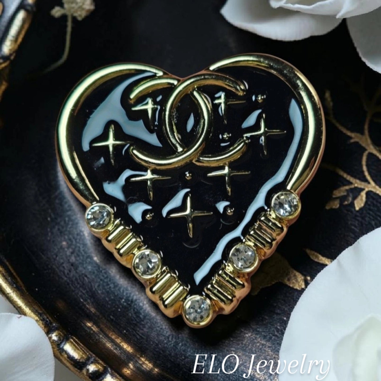 Black and Gold Charm Heart Pin Brooch